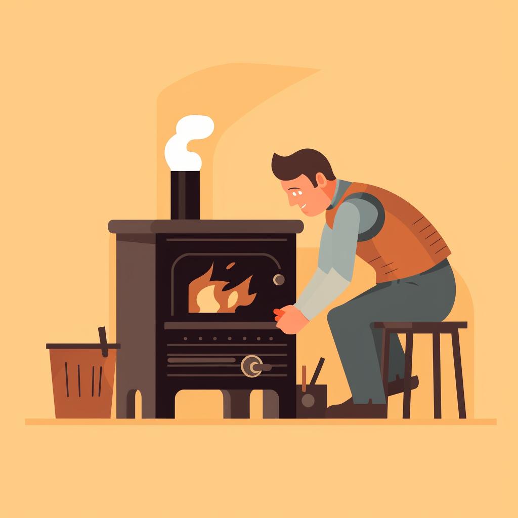 A person cleaning a cooled down wood-burning stove.