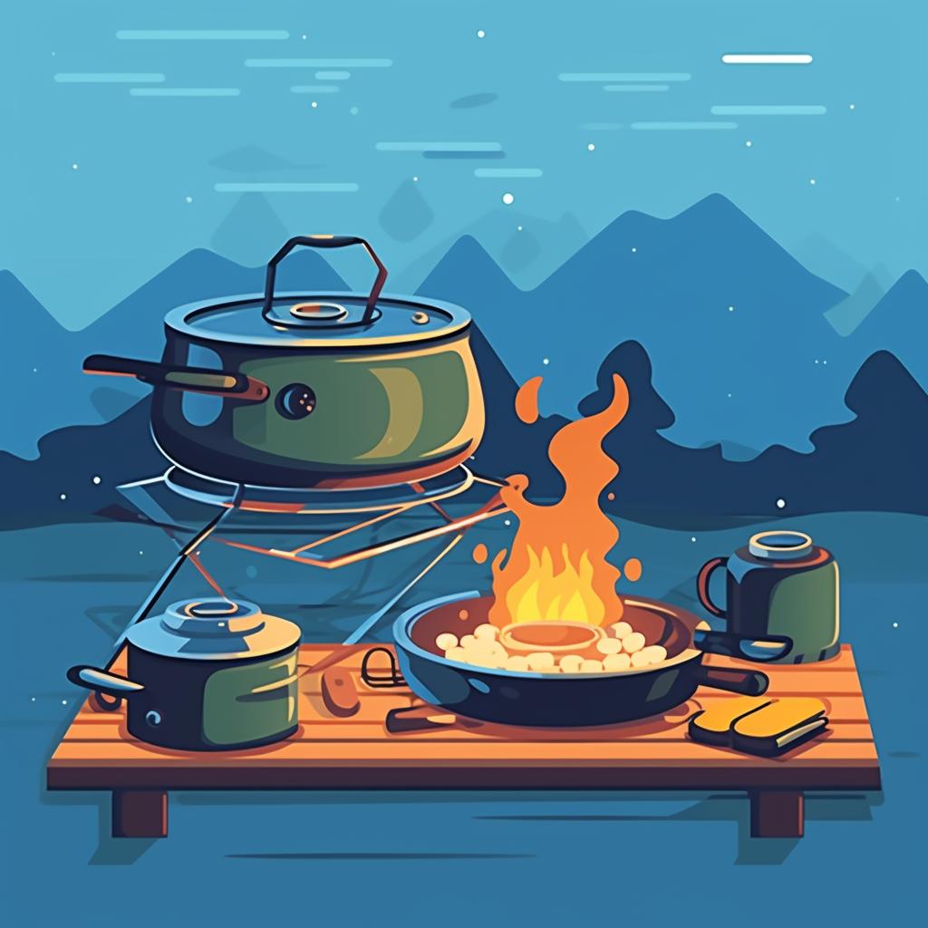 Cookware on a portable camping stove with food being cooked.